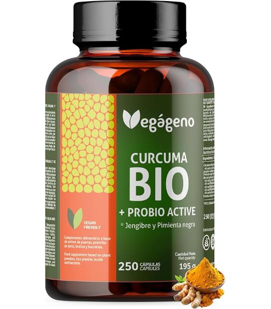 CURCUMA CON JENGIBRE Y PIMIENTA NEGRA BIO 250 CAPSULAS CON PROBIOTICOS Y PREBIOTICOS VEGAGENO