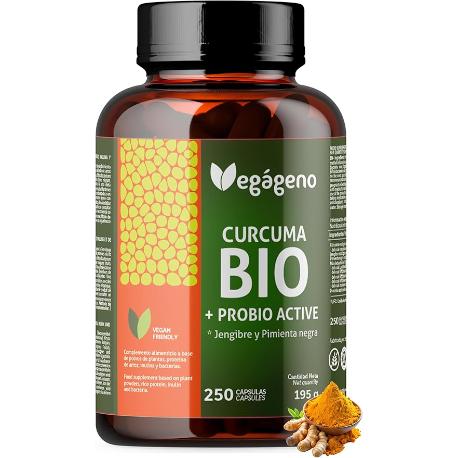 CURCUMA CON JENGIBRE Y PIMIENTA NEGRA BIO 250 CAPSULAS CON PROBIOTICOS Y PREBIOTICOS VEGAGENO